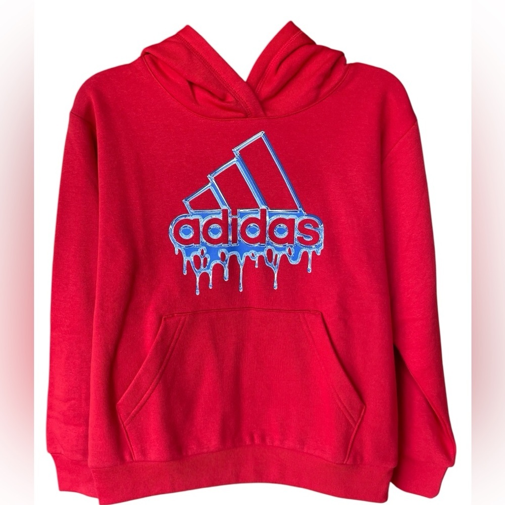 adidas Kids Red Hoodie with Dripping Blue Logo
